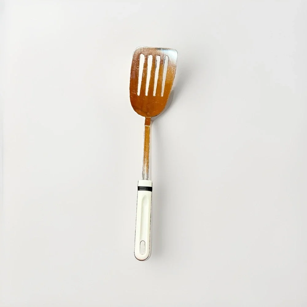 Vintage Slotted Metal Spatula Turner Flipper White Handle 13.5